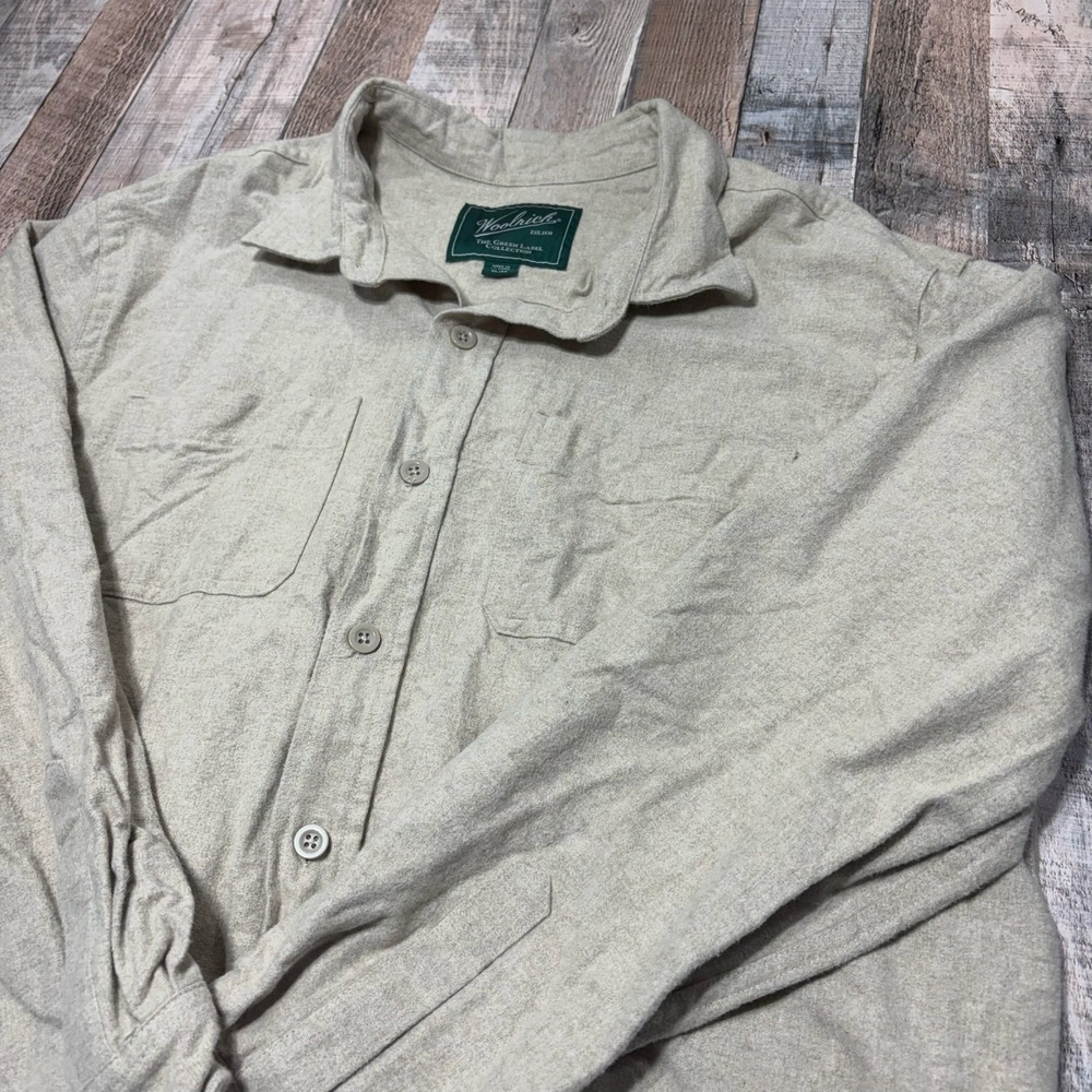 Woolrich Green Label Collection Mens XL Beige Flannel Button Down Shirt Outdoor